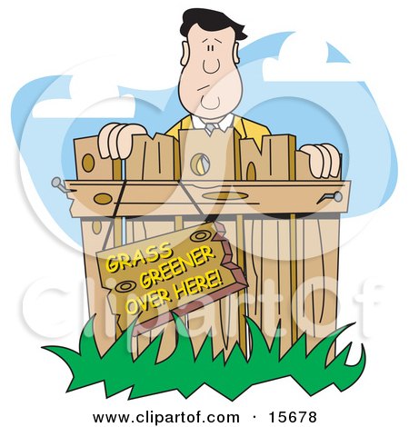 Man Peeking Over A Fence To The Other Side Where The Grass Is Greener Clipart Illustration by Andy Nortnik