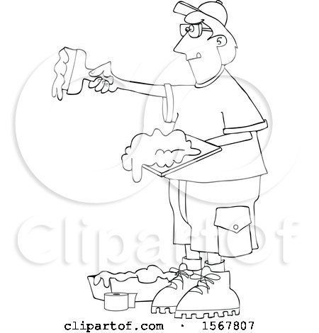 Clipart of a Lineart Drywall Installer Working - Royalty Free Vector Illustration by djart
