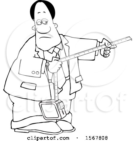 Clipart of a Lineart Black Business Man Taking a Measurement - Royalty Free Vector Illustration by djart