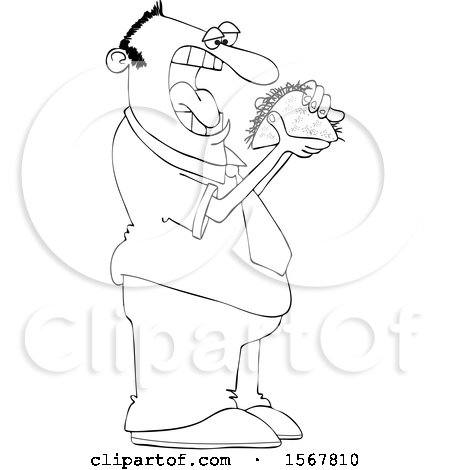 Clipart of a Lineart Man About to Shove a Taco in His Mouth - Royalty Free Vector Illustration by djart