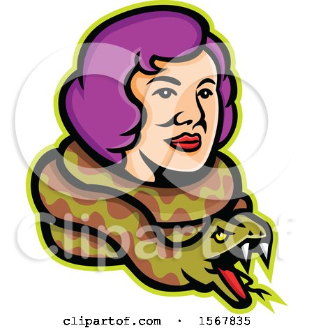 Clipart of a Retro Circus Freak Lady Snake Charmer with a Python Around Her Neck - Royalty Free Vector Illustration by patrimonio