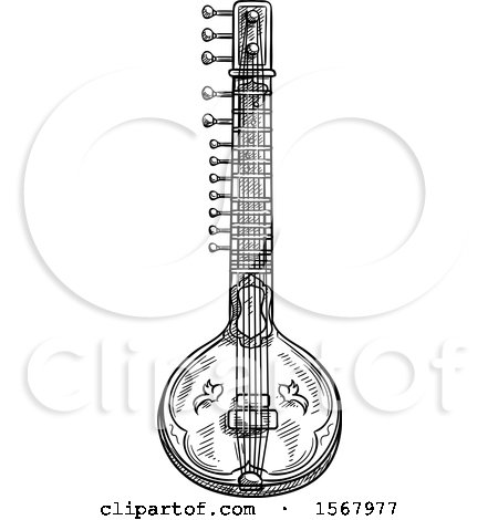 Clipart of a Black and White Sketched Sitar Instrument - Royalty Free Vector Illustration by Vector Tradition SM