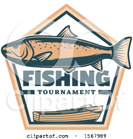 Clipart of a Trout over Crossed Paddles, a Boat and Fishing Tournament Text - Royalty Free Vector Illustration by Vector Tradition SM