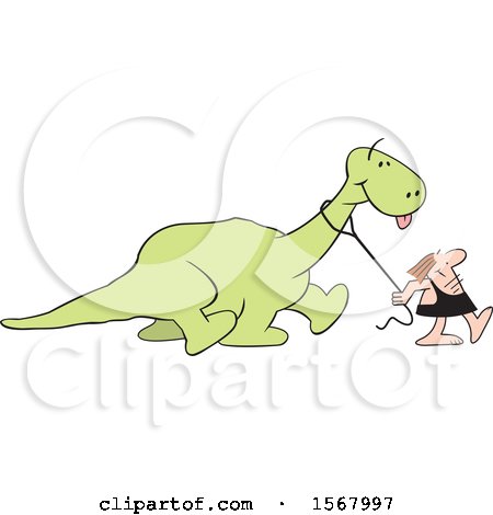 Clipart of a Cartoon Caveman Walking His Dinosaur - Royalty Free Vector Illustration by Johnny Sajem