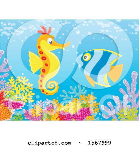 Clipart of a Butterflyfish and Seahorse over a Reef - Royalty Free Vector Illustration by Alex Bannykh