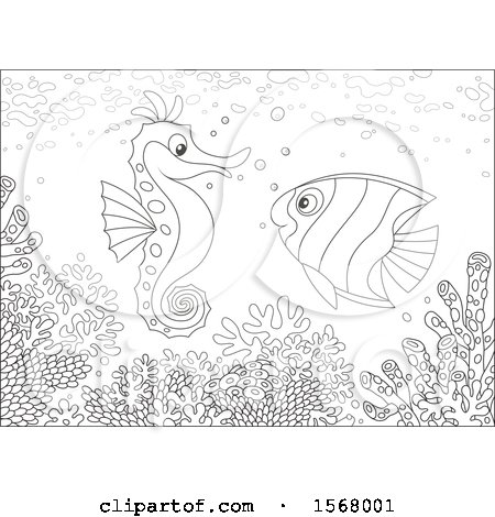 Clipart of a Lineart Butterflyfish and Seahorse over a Reef - Royalty Free Vector Illustration by Alex Bannykh