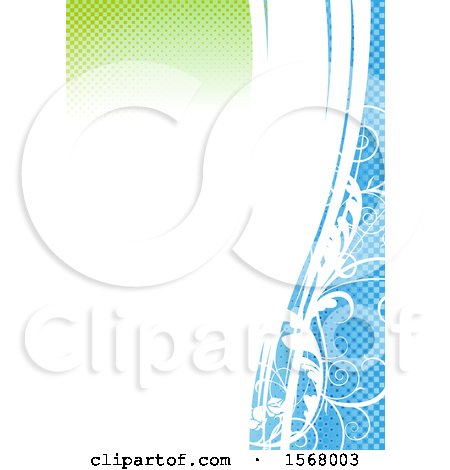 Clipart of a Background of Floral Waves with Green and Blue Halftone - Royalty Free Vector Illustration by dero