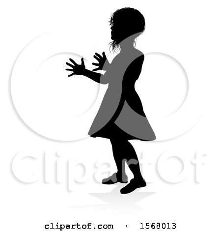 Clipart of a Silhouetted Girl Ready to Catch a Ball, with a Reflection or Shadow, on a White Background - Royalty Free Vector Illustration by AtStockIllustration