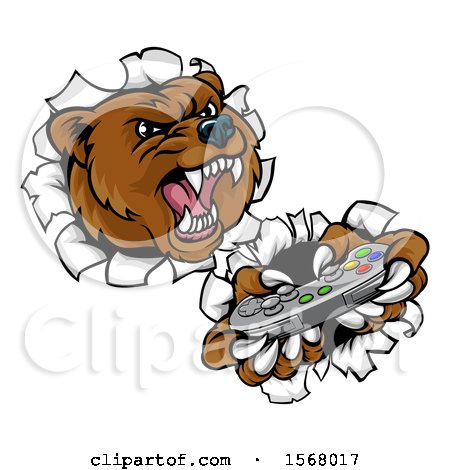 Clipart of a Mad Grizzly Bear Mascot Holding a Video Game Controller and Breaking Through a Wall - Royalty Free Vector Illustration by AtStockIllustration