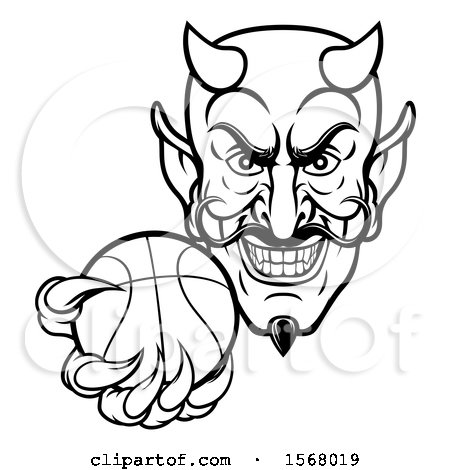 Clipart of a Black and White Grinning Evil Devil Holding out a Basketball in a Clawed Hand - Royalty Free Vector Illustration by AtStockIllustration