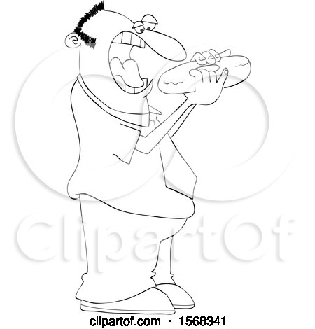 Clipart of a Cartoon Lineart Man About to Shove a Bagel in His Mouth - Royalty Free Vector Illustration by djart