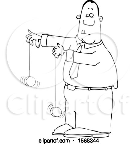 Clipart of a Cartoon Lineart Black Business Man Playing with Yoyos - Royalty Free Vector Illustration by djart