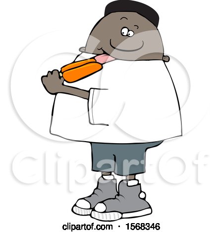Clipart of a Cartoon Black Boy Eating an Orange Popsicle - Royalty Free Vector Illustration by djart