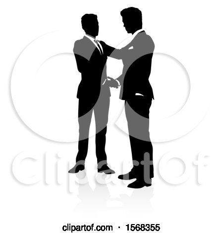 Clipart of Silhouetted Business Men Shaking Hands, with a Shadow on a White Background - Royalty Free Vector Illustration by AtStockIllustration