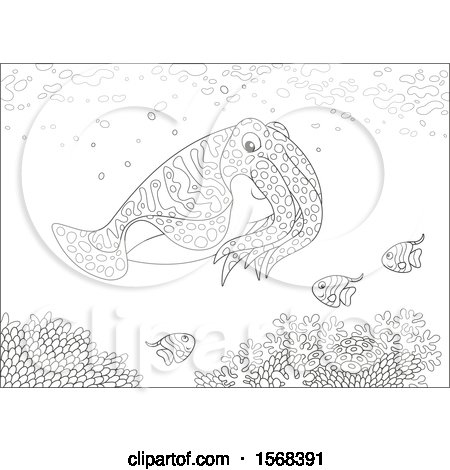 Clipart of a Lineart Cuttlefish over a Reef - Royalty Free Vector Illustration by Alex Bannykh