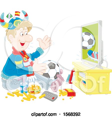 Clipart of a Fan Sitting on the Floor with Food and a Ball, Watching Soccer on Tv - Royalty Free Vector Illustration by Alex Bannykh
