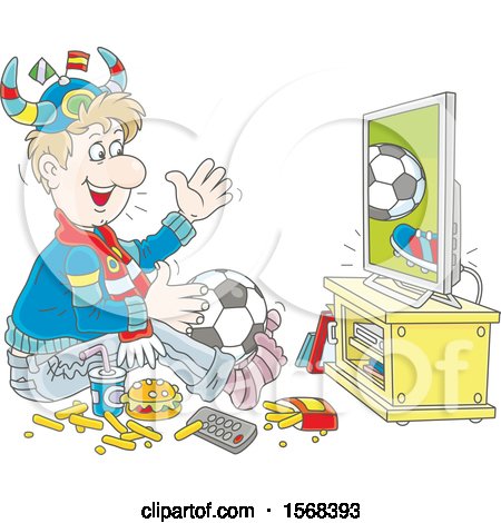 Clipart of a Sports Fan Sitting on the Floor with Food and a Ball, Watching Soccer on Tv - Royalty Free Vector Illustration by Alex Bannykh