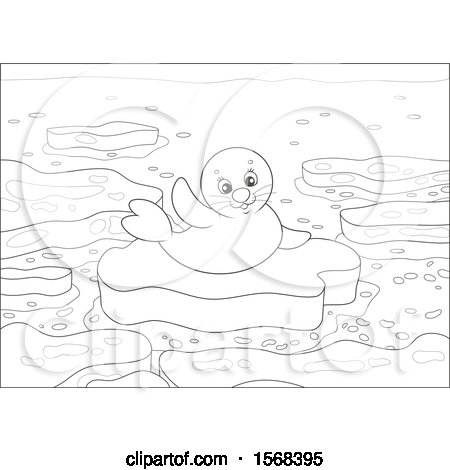 Clipart of a Lineart Cute Seal Pup on an Ice Floe - Royalty Free Vector Illustration by Alex Bannykh