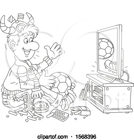 Clipart of a Lineart Sports Fan Sitting on the Floor with Food and a Ball, Watching Soccer on Tv - Royalty Free Vector Illustration by Alex Bannykh