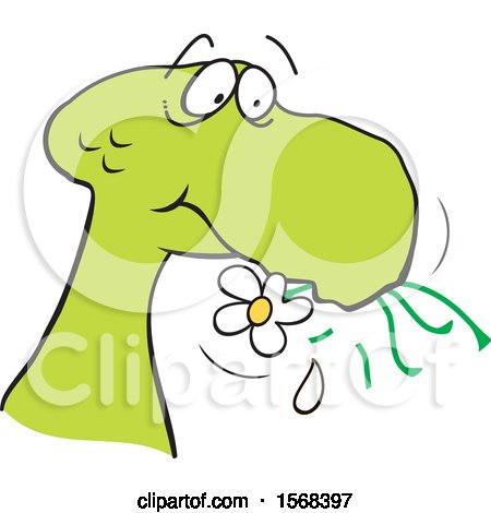 Clipart of a Cartoon Green Dinosaur Munching on a Daisy Flower - Royalty Free Vector Illustration by Johnny Sajem