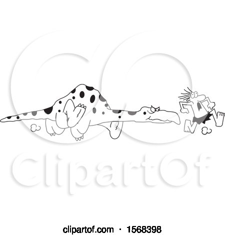 Clipart of a Cartoon Black and White Caveman Running from a Dinosaur - Royalty Free Vector Illustration by Johnny Sajem
