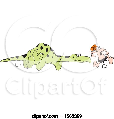 Clipart of a Cartoon Caveman Rnning from a Dinosaur - Royalty Free Vector Illustration by Johnny Sajem