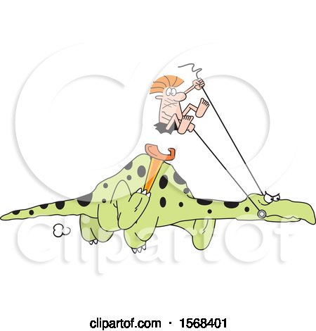 Clipart of a Cartoon Caveman Riding a Dinosaur and Flying out of His Seat - Royalty Free Vector Illustration by Johnny Sajem