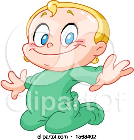 Clipart of a Blond Baby Boy Kneeling in Green Pajamas - Royalty Free Vector Illustration by yayayoyo