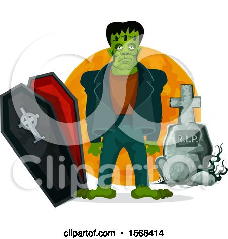 Clipart of a Halloween Frankenstein, Tombstone, Coffin and Full Moon - Royalty Free Vector Illustration by Vector Tradition SM