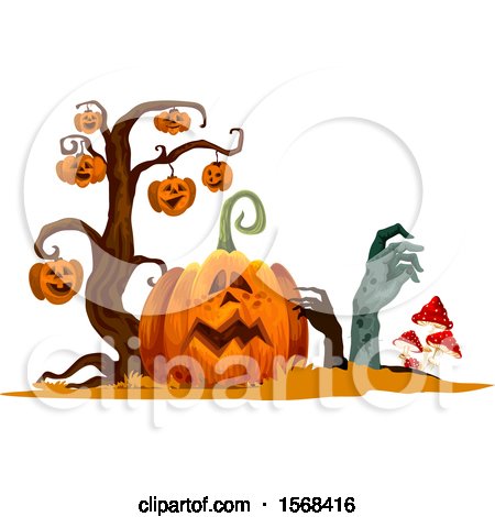 Clipart of a Halloween Jackolantern Pumpkin, Tree and Rising Zombies - Royalty Free Vector Illustration by Vector Tradition SM