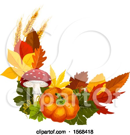 Clipart of a Festive Autumn Leaf Design with Wheat, Pumpkin and Mushroom - Royalty Free Vector Illustration by Vector Tradition SM