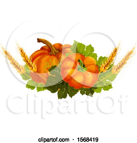 Clipart of a Festive Autumn Leaf Design with Wheat and Pumpkins - Royalty Free Vector Illustration by Vector Tradition SM