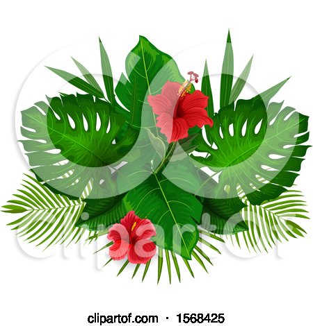 Clipart of a Design of Red Hibiscus Flowers and Tropical Foliage - Royalty Free Vector Illustration by Vector Tradition SM