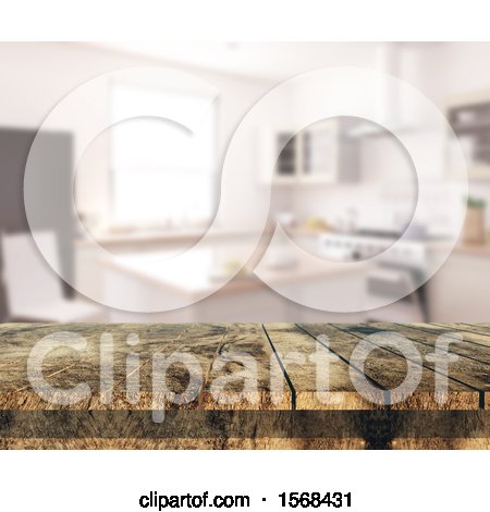 Clipart of a 3d Wood Counter with Blurred Kitchen Interior - Royalty Free Illustration by KJ Pargeter