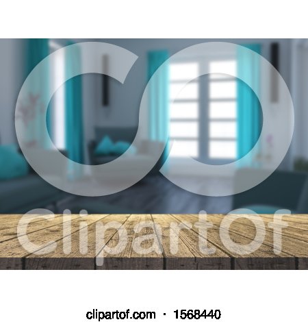 Clipart of a 3d Wood Counter with Blurred Living Room Interior - Royalty Free Illustration by KJ Pargeter