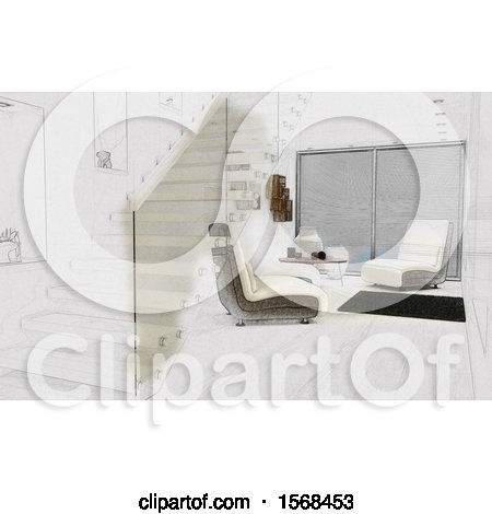 Clipart of a Sketched Turning 3d Modern Room Interior - Royalty Free Illustration by KJ Pargeter