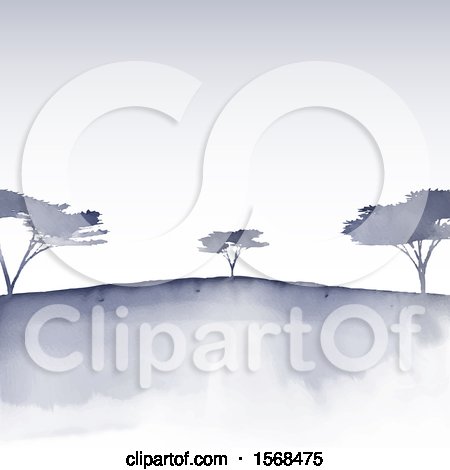 Clipart of a Watercolor Landscape of Trees on a Hill in Japanese Style - Royalty Free Vector Illustration by KJ Pargeter