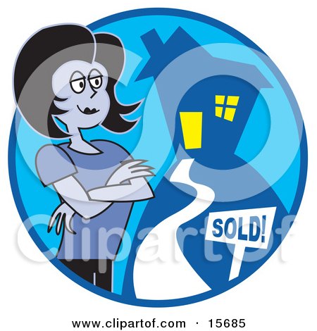 Successful Female Realtor Standing By A Sold Sign In Front Of A House Clipart Illustration by Andy Nortnik
