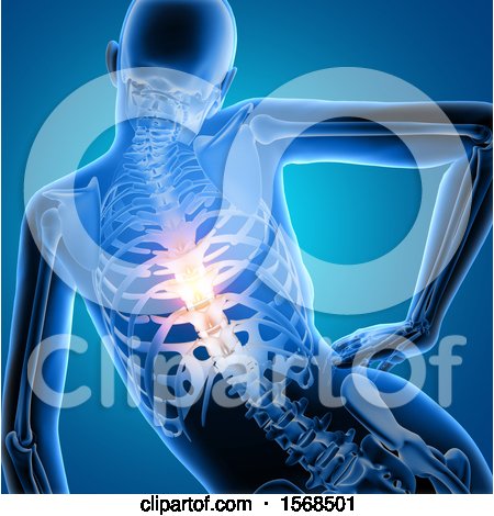 Clipart of a 3d Anatomical Woman with Visible Glowing Spine, on Blue - Royalty Free Illustration by KJ Pargeter
