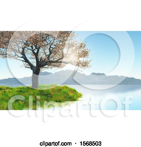 Clipart of a 3d Cherry Tree on a Lake Shore - Royalty Free Illustration by KJ Pargeter