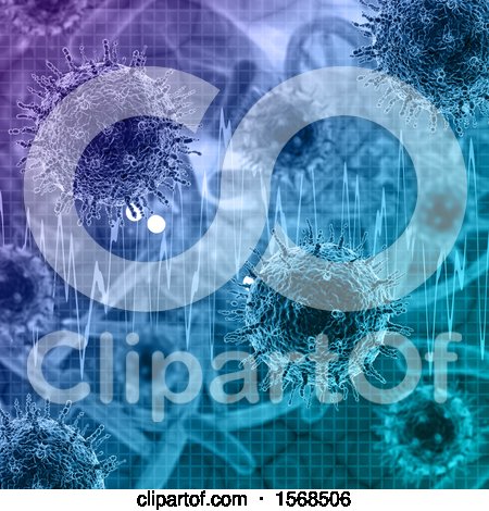 Clipart of a 3d Dna Strand, Ekg with Viruses in Blue - Royalty Free Illustration by KJ Pargeter