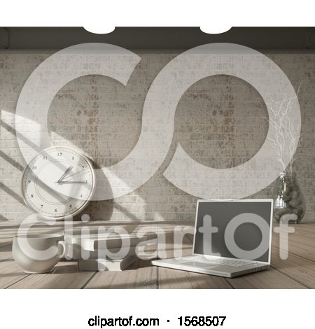 Clipart of a 3d Laptop on a Wood Desk - Royalty Free Illustration by KJ Pargeter