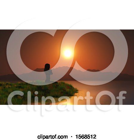 Clipart of a 3d Silhouetted Woman Doing Yoga on a Lake Shore at Sunset - Royalty Free Illustration by KJ Pargeter