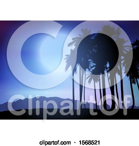 Clipart of a Palm Tree and Night Sky Background - Royalty Free Vector Illustration by KJ Pargeter