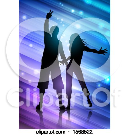 Clipart of a Silhouetted Couple Dancing over Diagonal Lights - Royalty Free Vector Illustration by KJ Pargeter