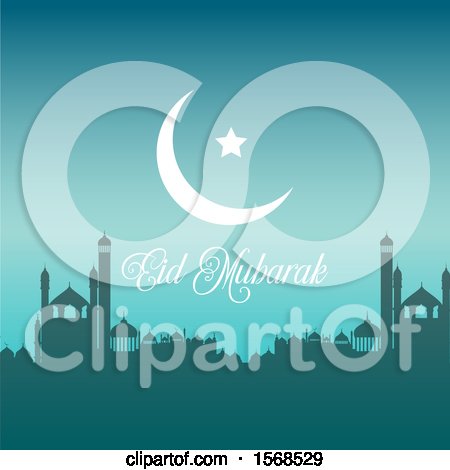 Clipart of an Eid Mubarak Background with a Crescent Moon and Mosque - Royalty Free Vector Illustration by KJ Pargeter