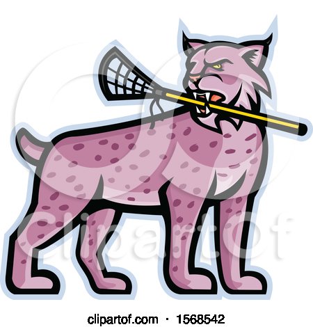 Clipart of a Tough Bobcat Lynx Sports Mascot Holding a Lacrosse Stick in Its Mouth - Royalty Free Vector Illustration by patrimonio