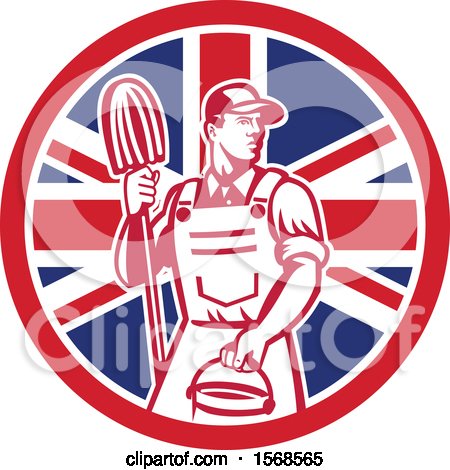 Clipart of a Retro Male Janitor with a Mop and Bucket in a Union Jack Flag Circle - Royalty Free Vector Illustration by patrimonio