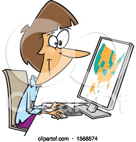 Clipart of a Cartoon Female Cartographer Creating a Map on a Computer - Royalty Free Vector Illustration by toonaday