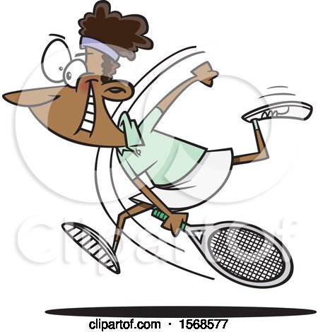 Clipart of a Cartoon Black Female Tennis Player Swinging Her Racket - Royalty Free Vector Illustration by toonaday